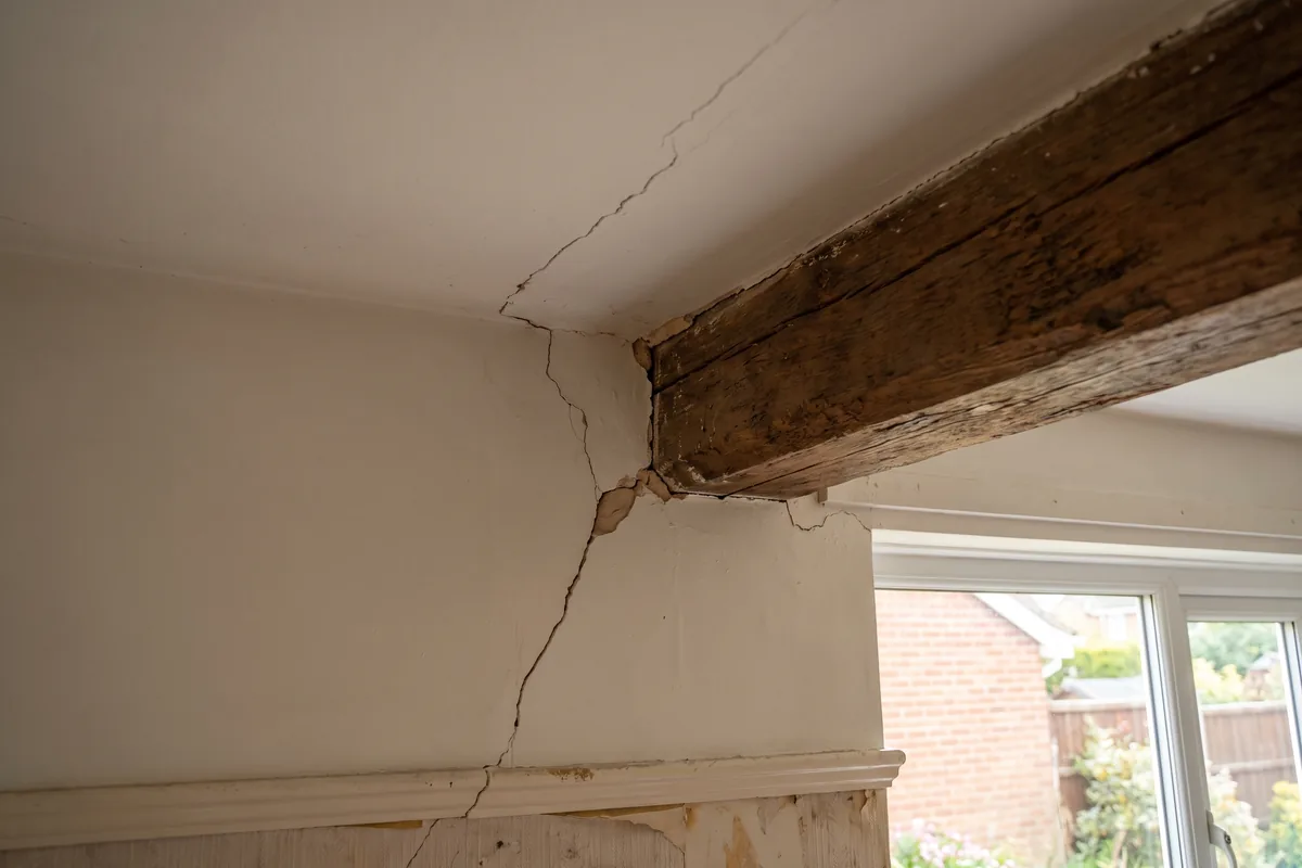 A ceiling or wall crack appears near a beam or lintel — structural carpentry & repairs